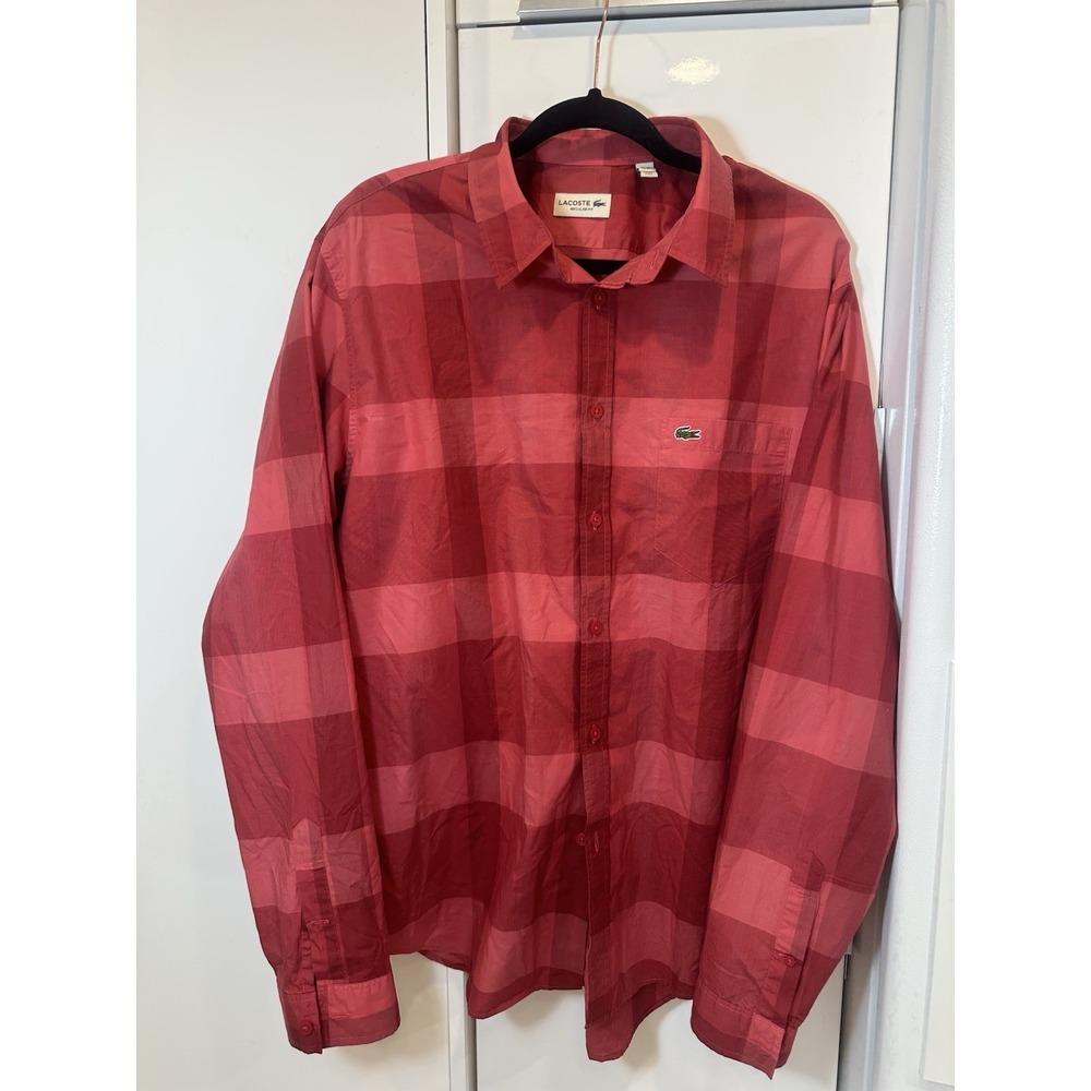 Lacoste Mens Long Sleeve Button Down Buffalo Check Pattern Red Shirt Sz 2XL